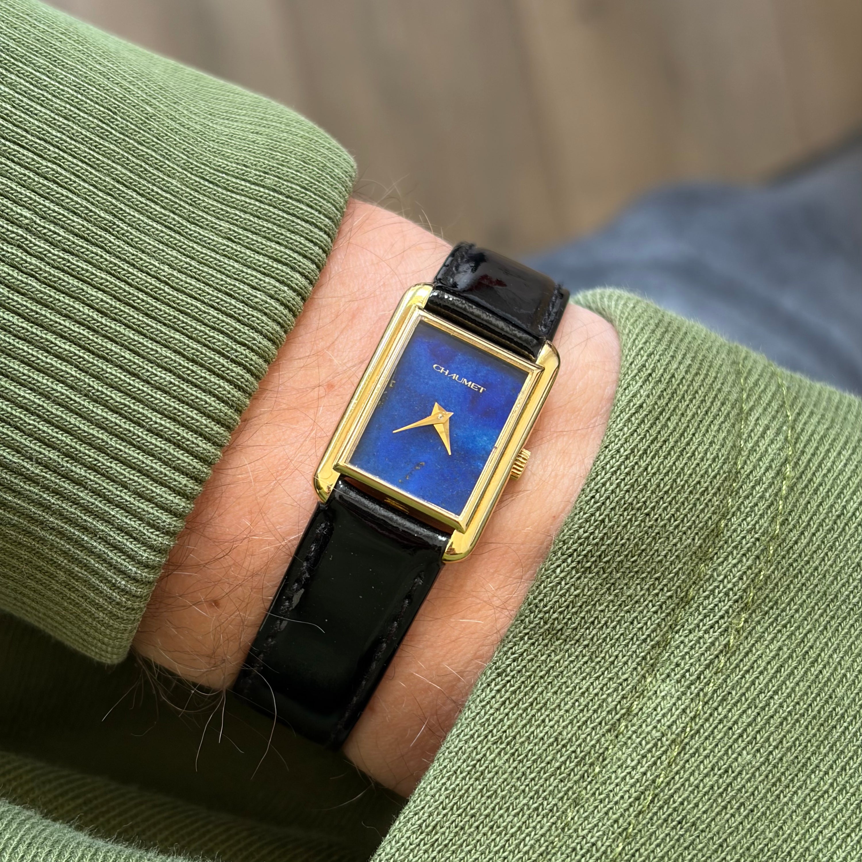 Chaumet Rectangular 18K Yellow Gold Lapis Lazuli Stone Dial