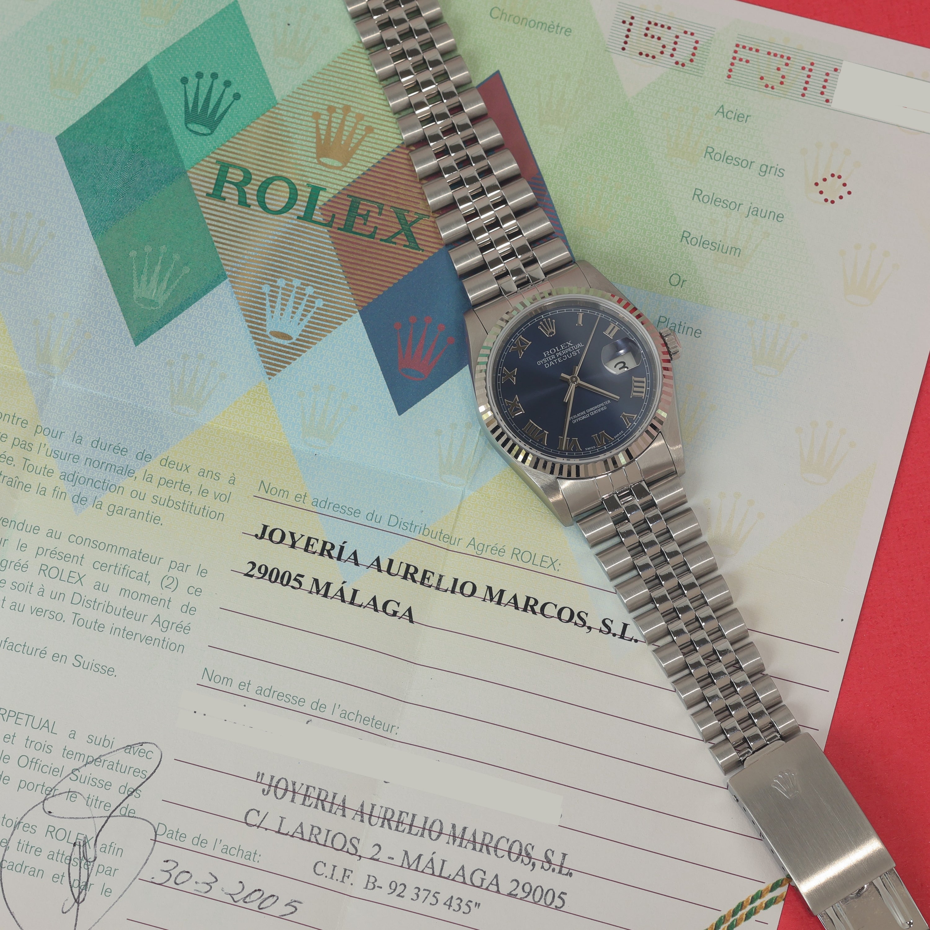 Rolex Datejust Ref. 16234 Blue Roman Box and Papers